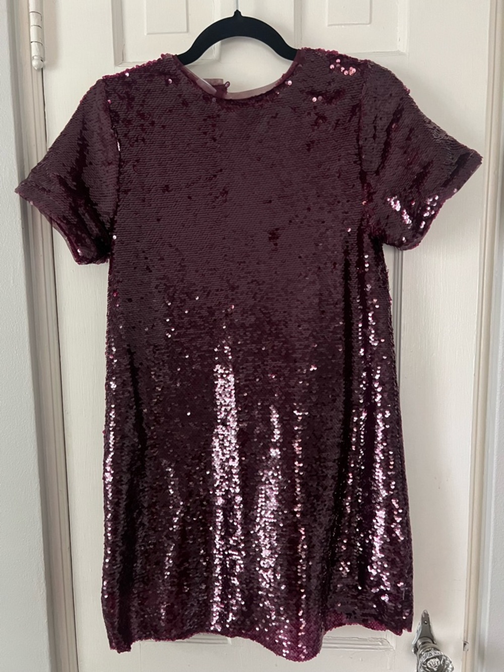 Sequin Short-Sleeve Dress in Deep Plum
